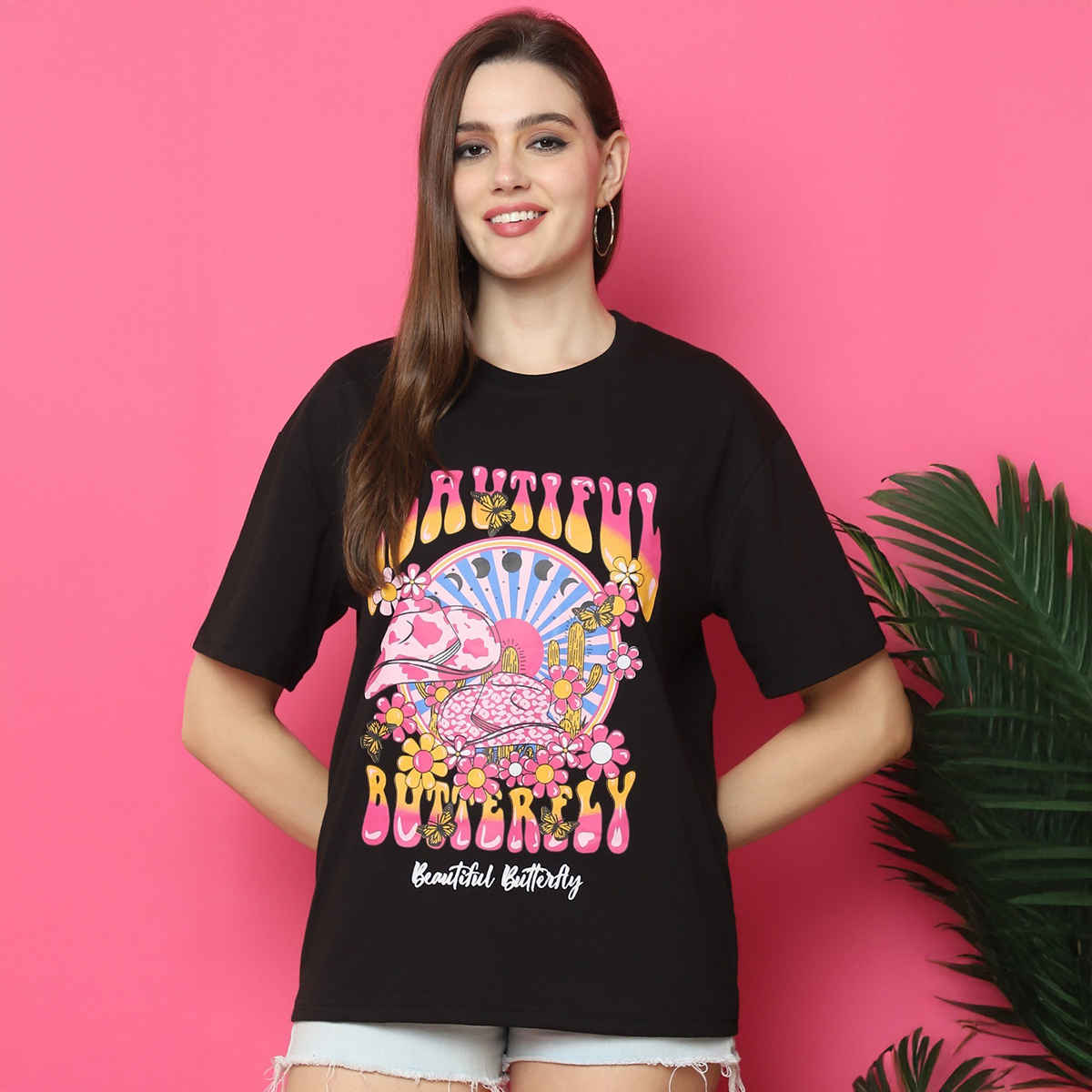 Fabflee Women Oversize Cotton Printed Round Neck Tshirt | Black | FAB-OS-519 | L