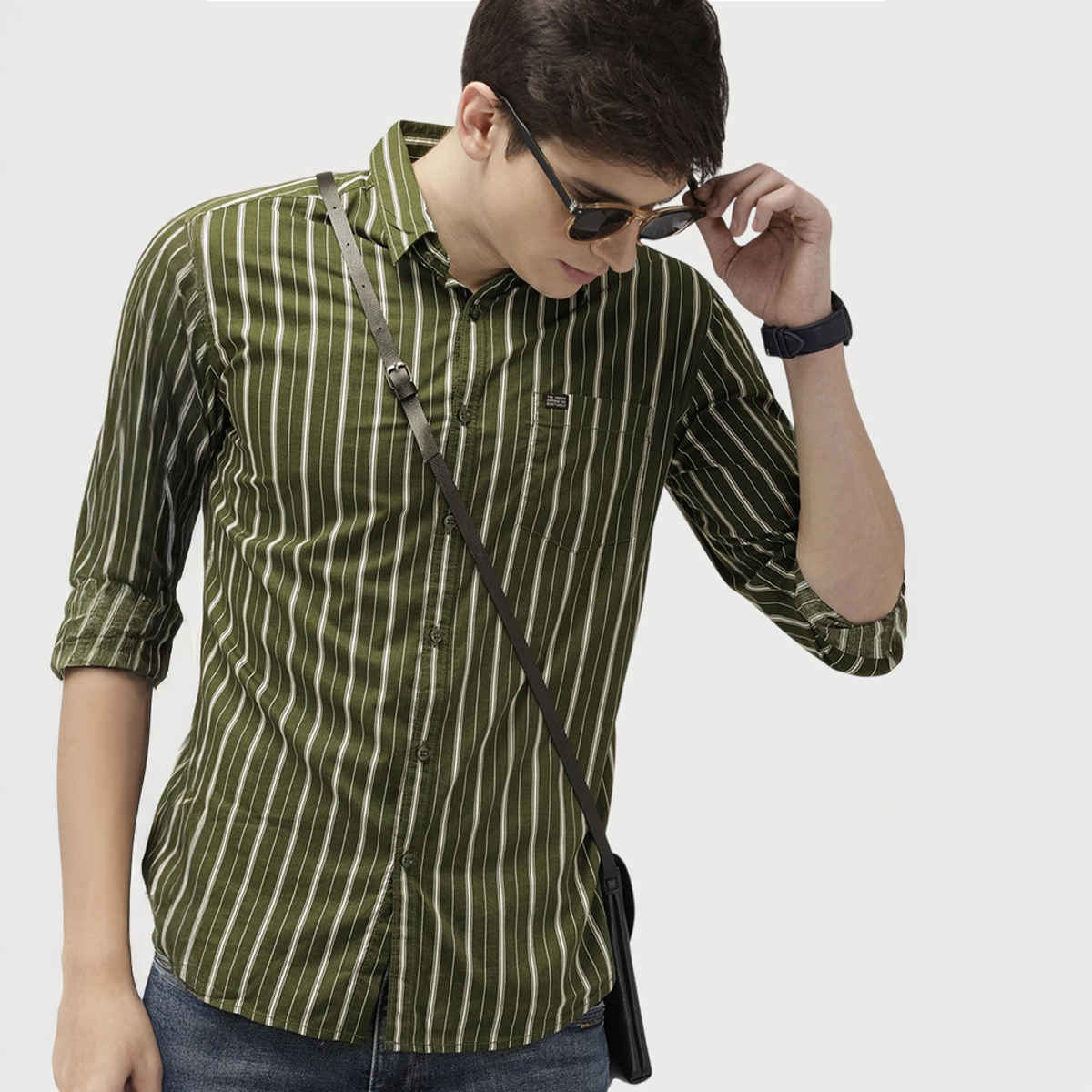 The Indian Garage Co Men's Slim Fit Multi Stripes Casual Shirt | Olive - L