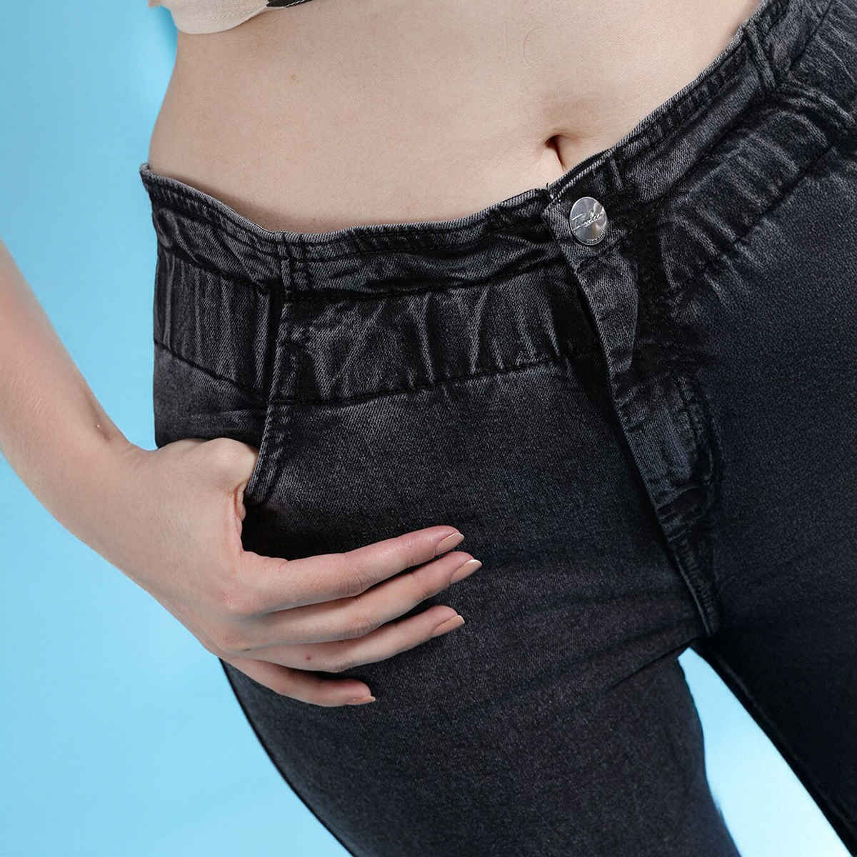 Buy Freehand Women's Elasticated Ruffle Slim Fit Denim Jeans | Black ...