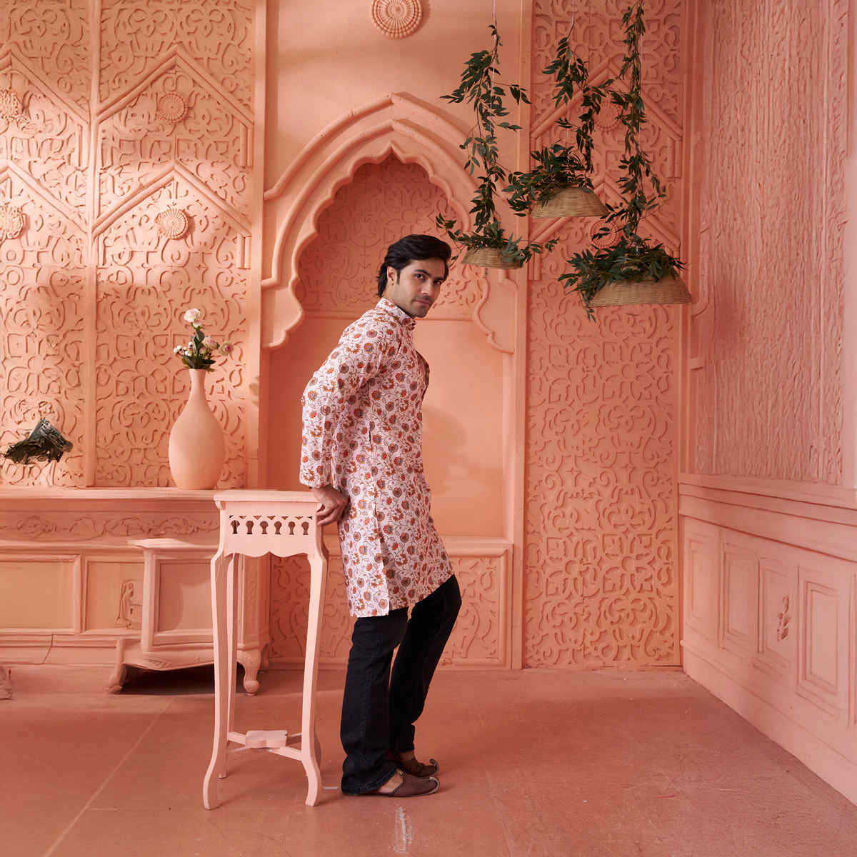 House Of Festivals Men's Printed Cotton Blend Long Kurta | Cream - M