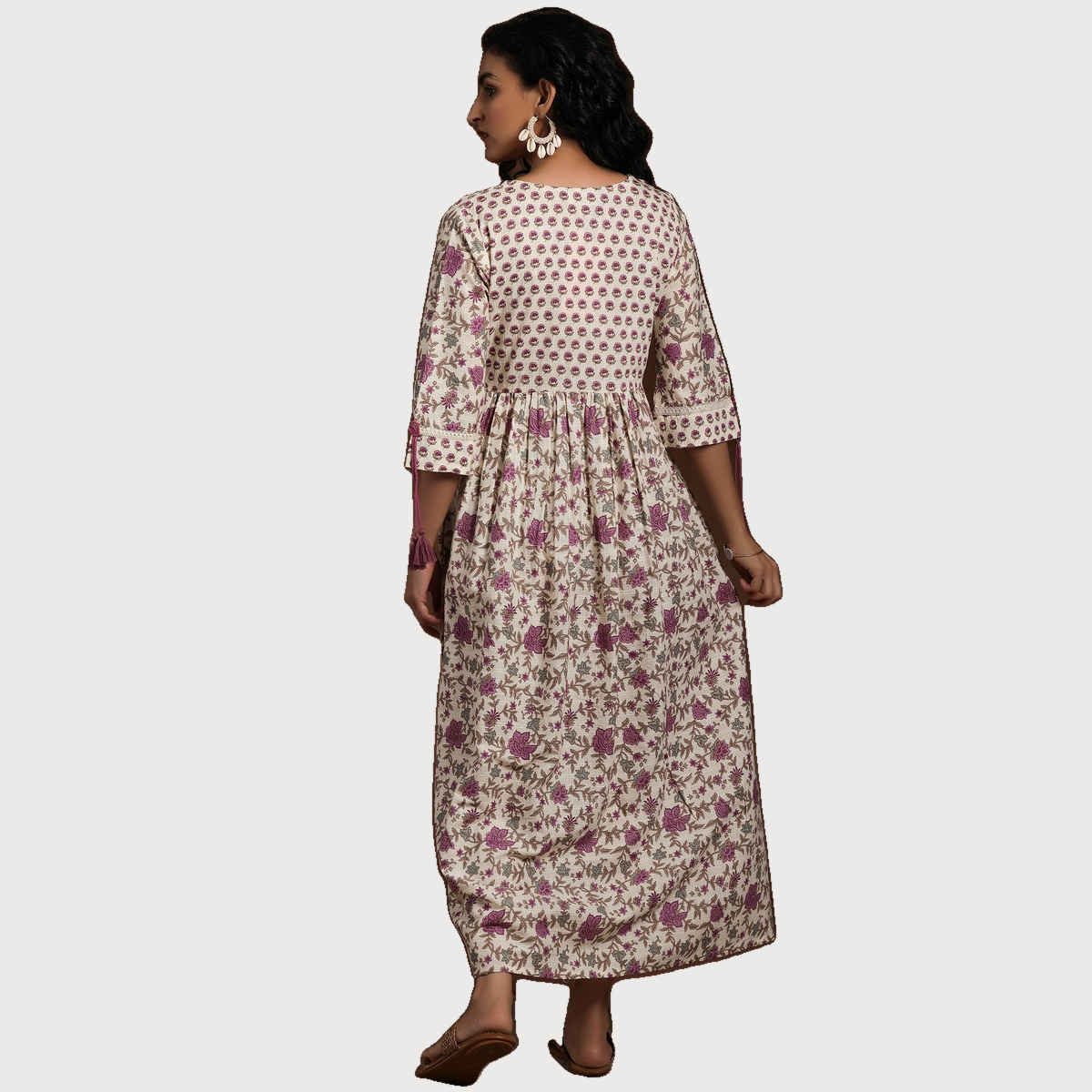 Libas Off White Floral Printed Fit and Flared Dress With Tassels on Sleeves | Off White | S