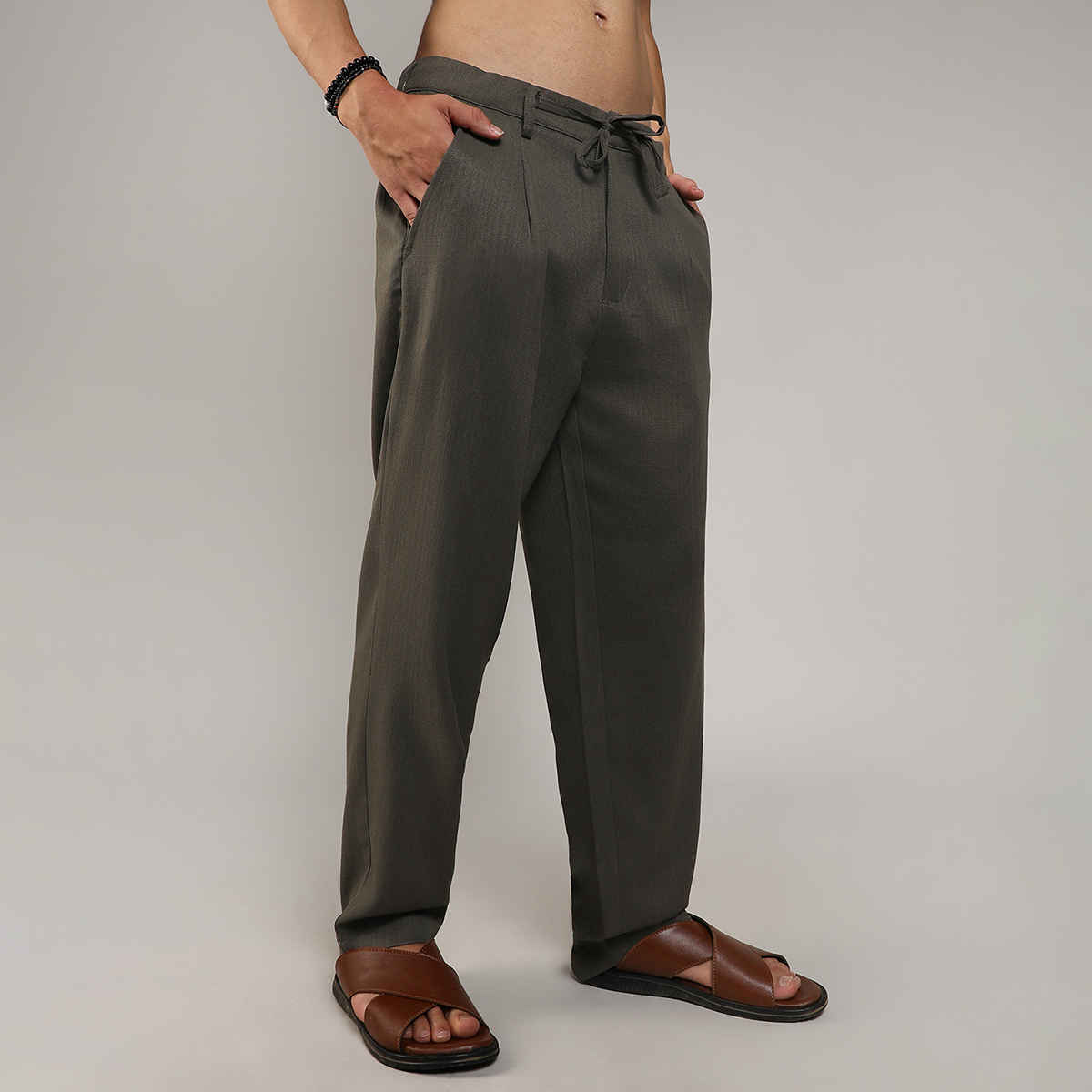 Campus Sutra Men's Tailored Linen-Blend Trousers | Olive Green - 34