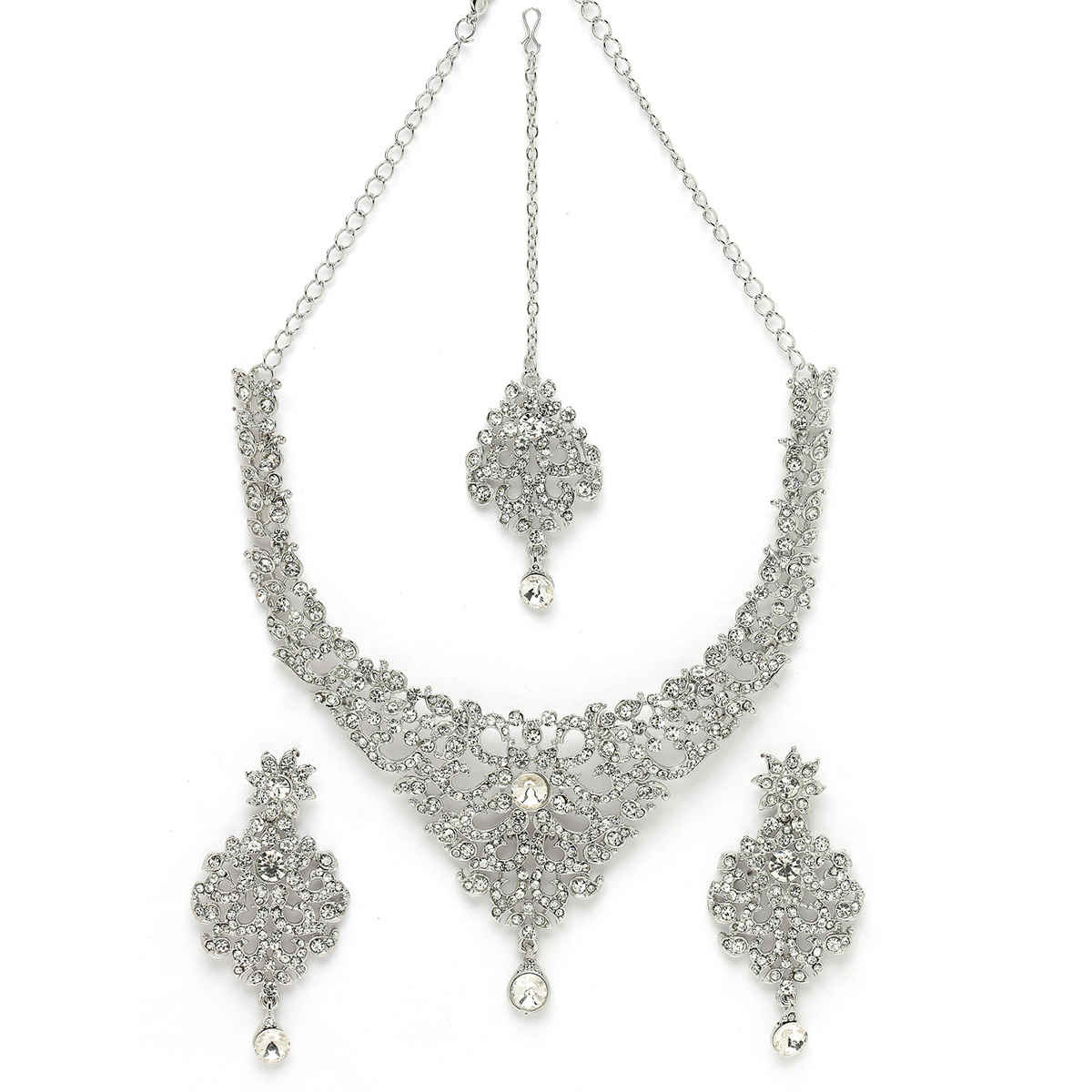 Sukkhi Luminous Rhodium Plated Silver Stone Studded Choker Necklace Set