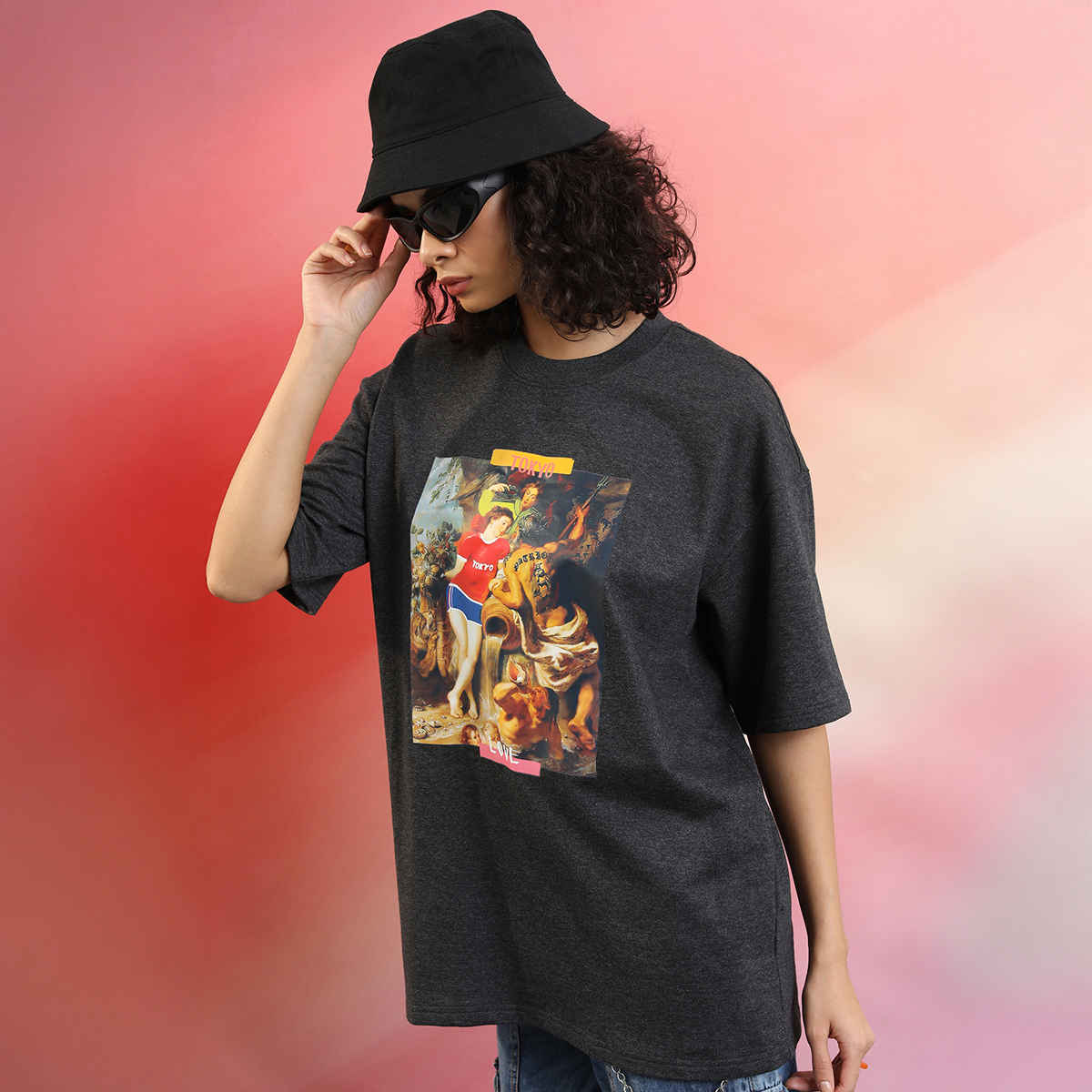 Tokyo Talkies Women's Graphic Printed Oversized T-Shirt | Charcoal - XL