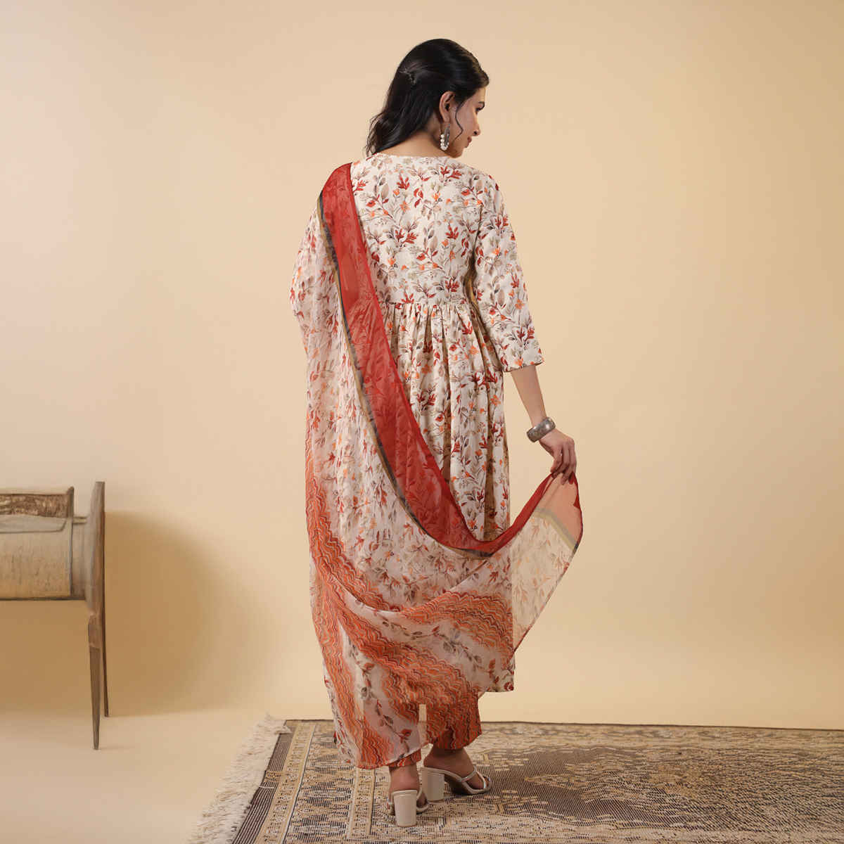 Janasya Women's Rayon Floral Printed A-line Kurta Set | Cream - S