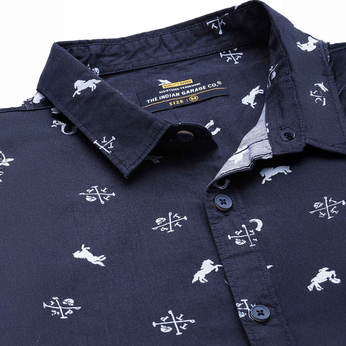 The Indian Garage Co Men's Regular Fit Animal Print Casual Shirt | Navy Blue - M