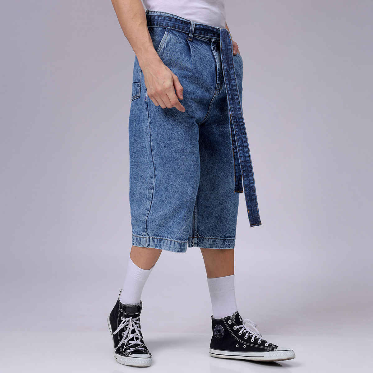 The Indian Garage Co Men's Loose Solid Street Capri Jeans | Blue - 34