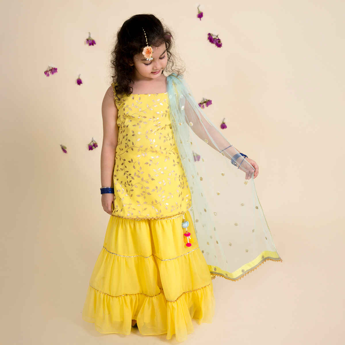 Pspeaches Girl's Indo Western Set | Iw-Yellowfoilggt | Yellow | 2-3 yrs