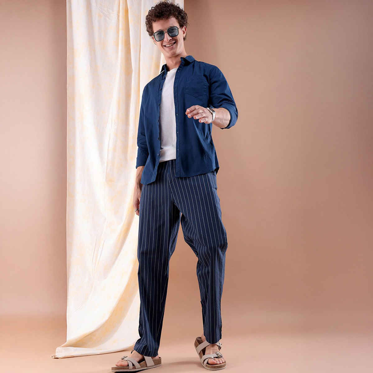 The Indian Garage Co Men Street Tapered Navy Vertical Stripes Trousers - 32 | 1223-Tlrlxtr1-03