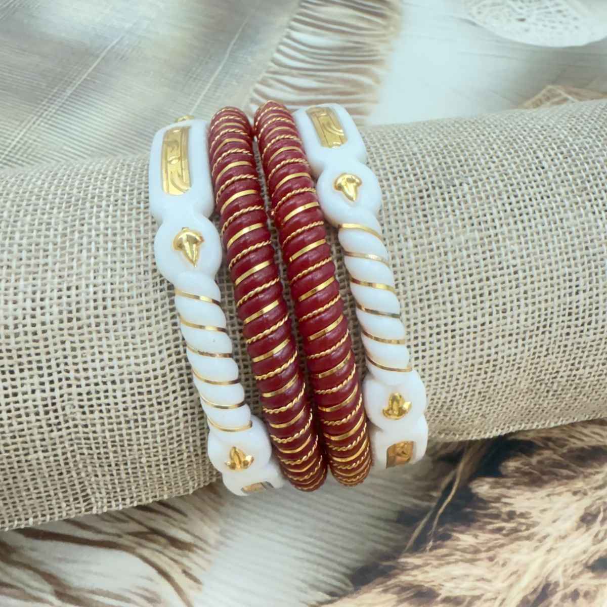 The Opal Factory | Sakha Pola | Gold Line Plastic Bangle | White and Red - 2.4