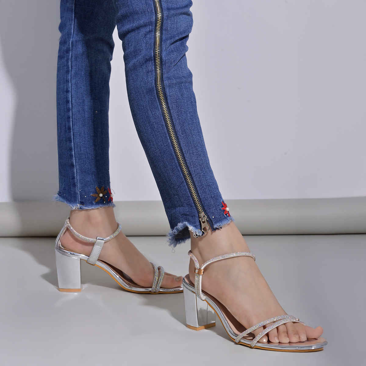 Shoetopia Women's Embellished Rhinestones Strap Heels | Heel-1246 | Silver - UK 3