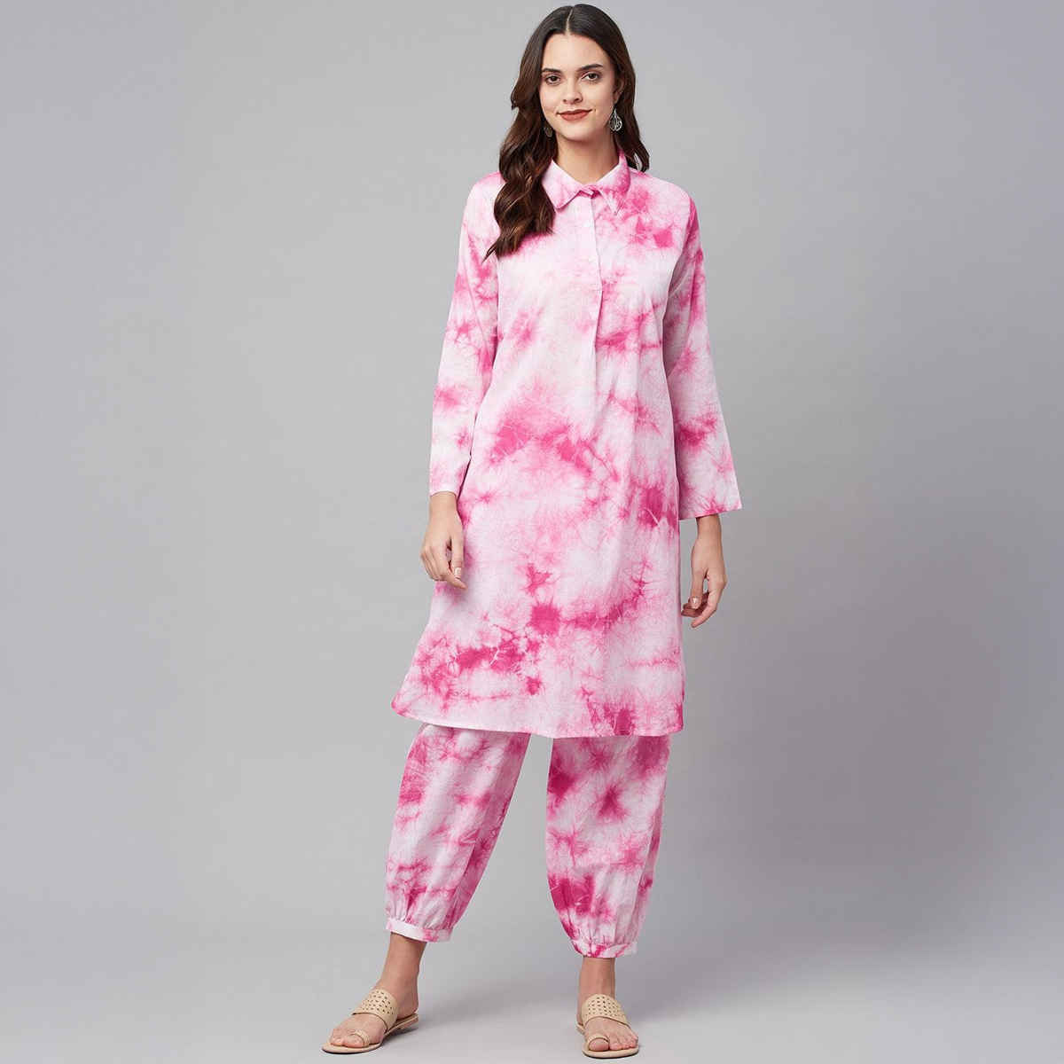 Divena Women s Pink Cotton Shirt Style Kurta Hem Cuffed Pant Set | DK0743 | L