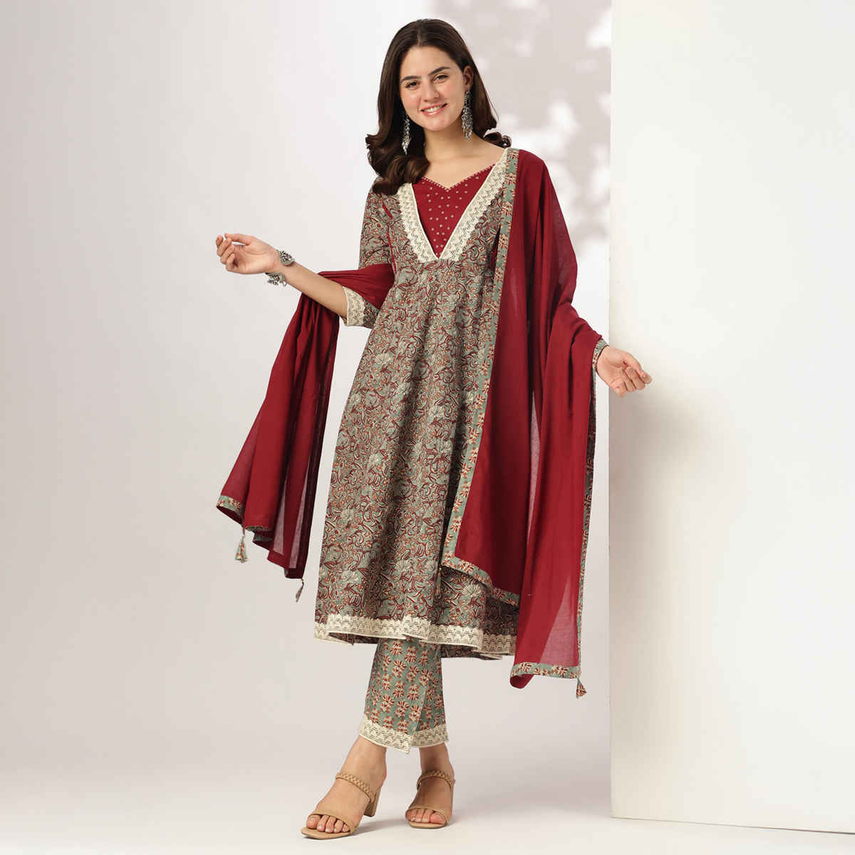 Janasya Women's Pure Cotton Floral Printed Anarkali Kurta Set | Sage Green - S