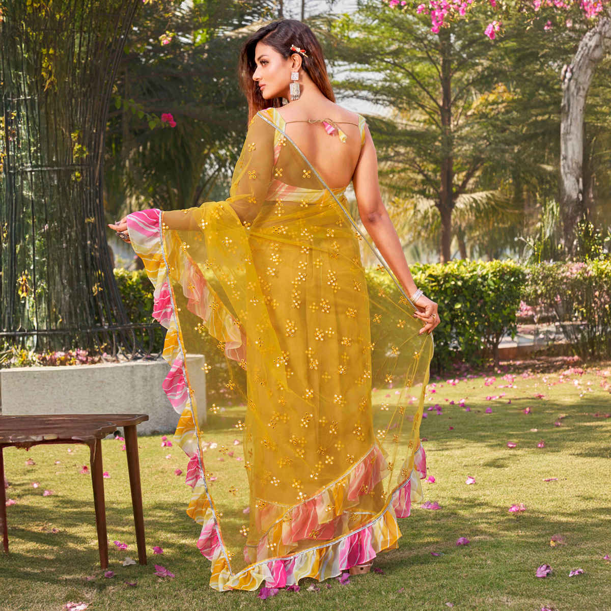 Tikhi Imli Women's Net Ruffle and Faux Mirror Work Saree with Unstitched Blouse | Yellow