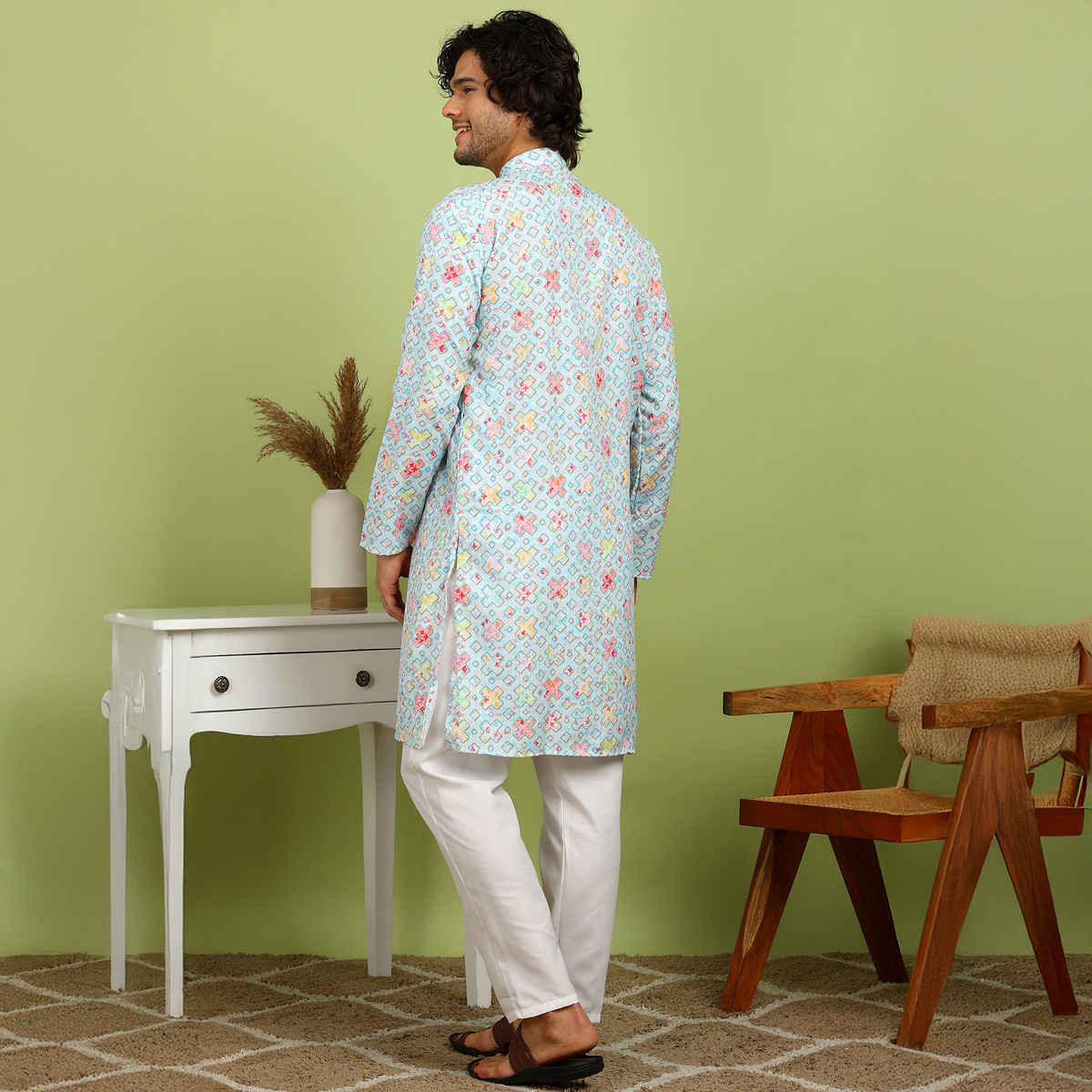 Allan Peter Men's Printed Long Kurta | Orange - XL