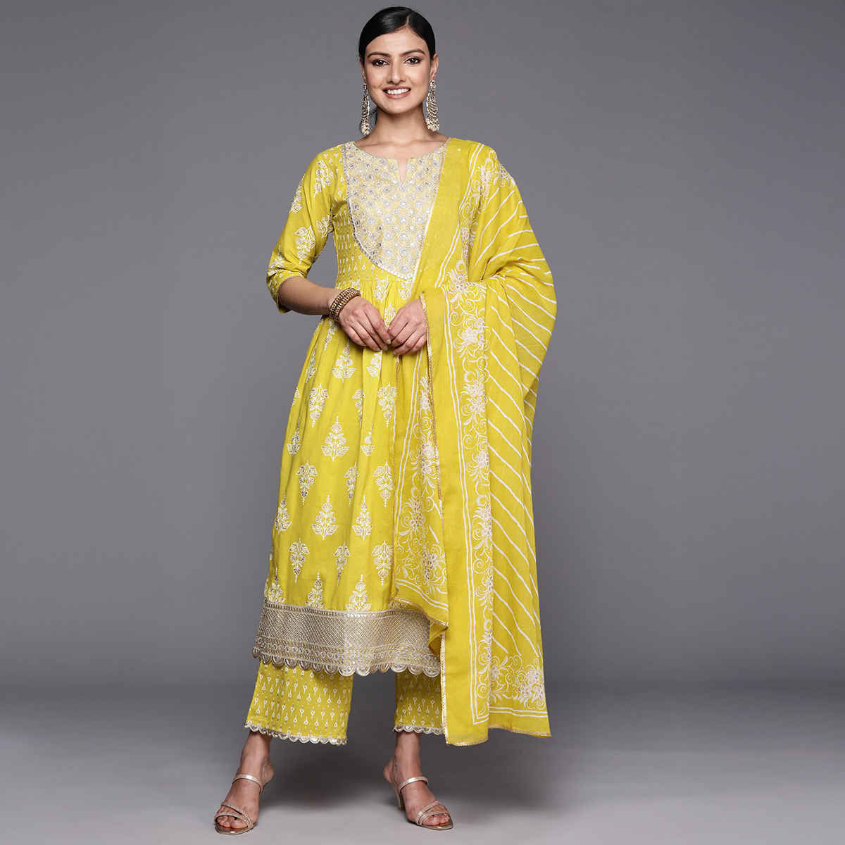 Libas Yoke Design Cotton A-Line Kurta With Palazzos & Dupatta | 34252R | Mustard - M
