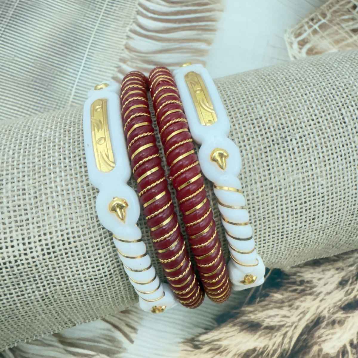 The Opal Factory | Sakha Pola | Gold Line Plastic Bangle | White and Red - 2.4