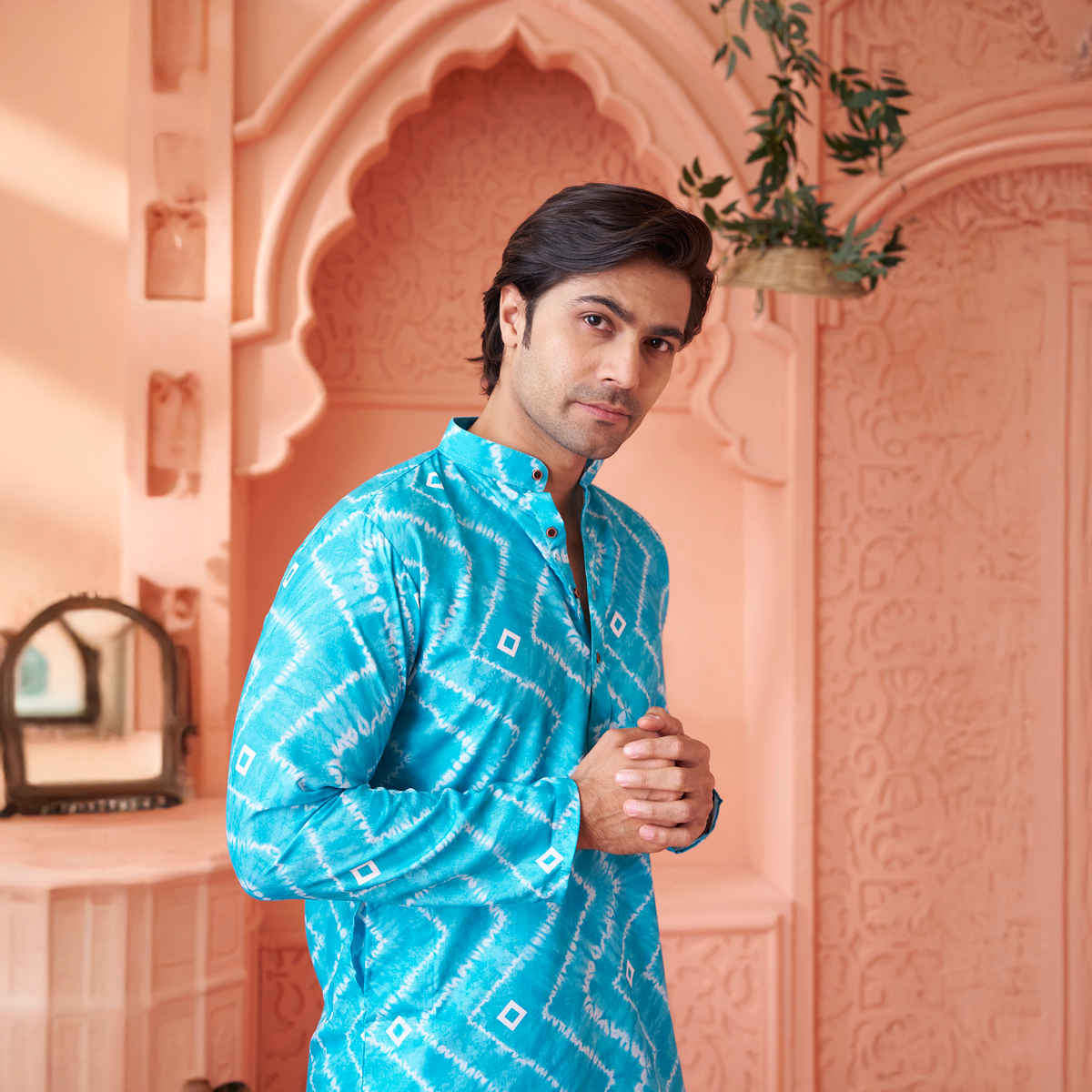House Of Festivals Men's Printed Cotton Blend Tie & Die Look Long Kurta | Blue - M