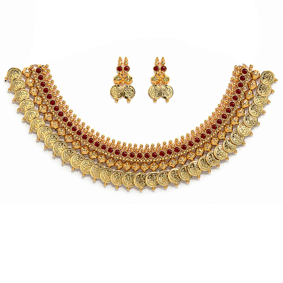 Zeneme Women's Gold-Plated South Indian Red Lakshmi Kasu Coin Temple Necklace