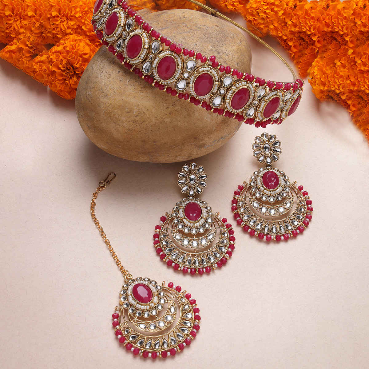 Sukkhi Affordable Gold Plated Rani Pink Stone & Beads Studded Choker Necklace Set