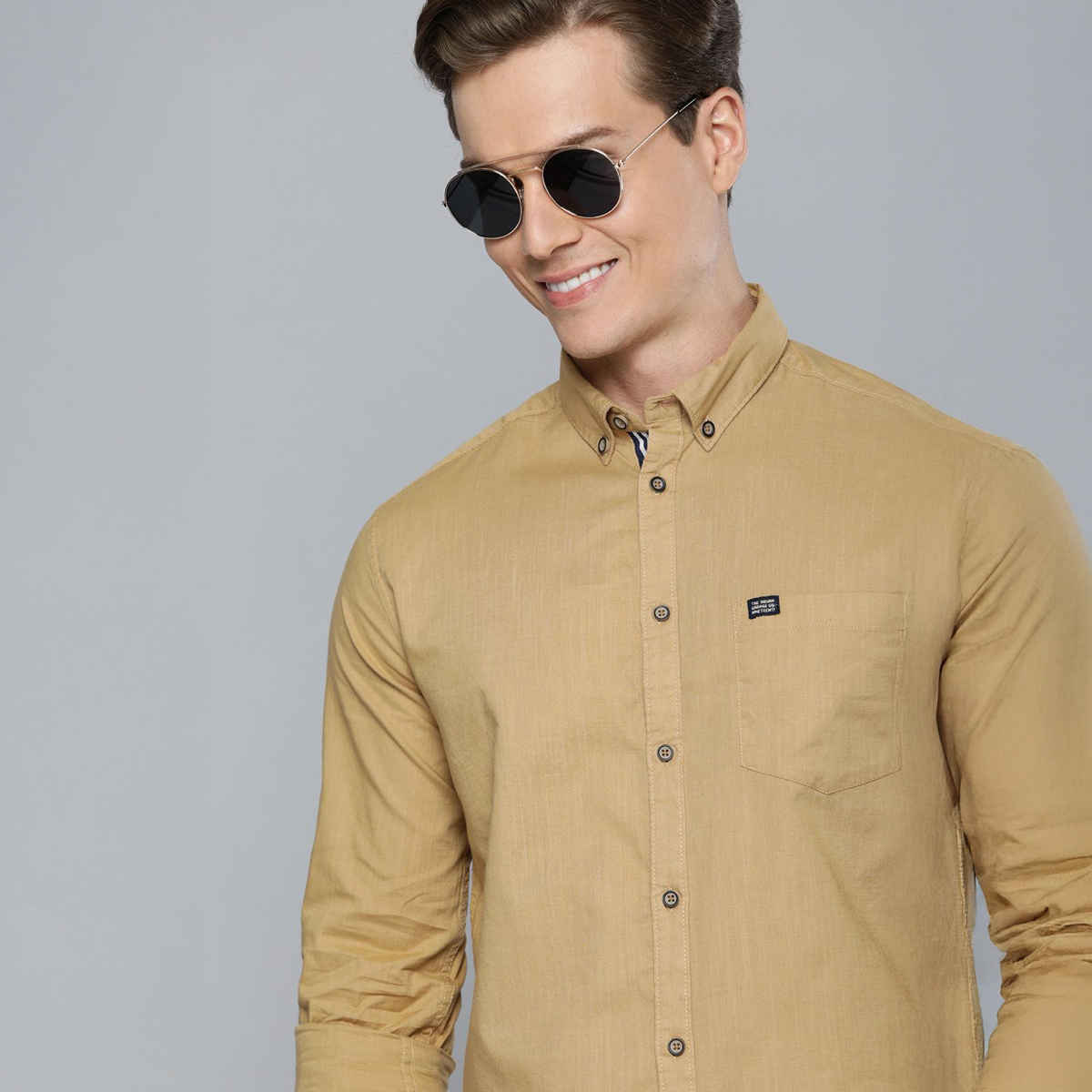 The Indian Garage Co Men's Slim Fit Solid Casual Shirt | Khaki - XL