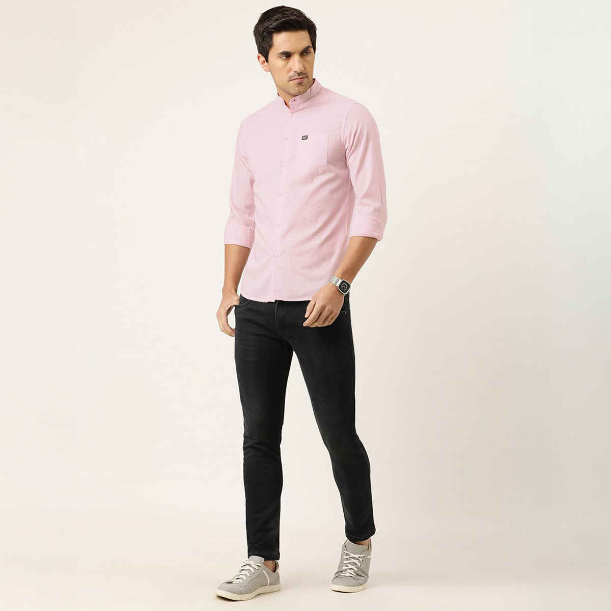 The Indian Garage Co Men's Slim Fit Solid Casual | Pink | L