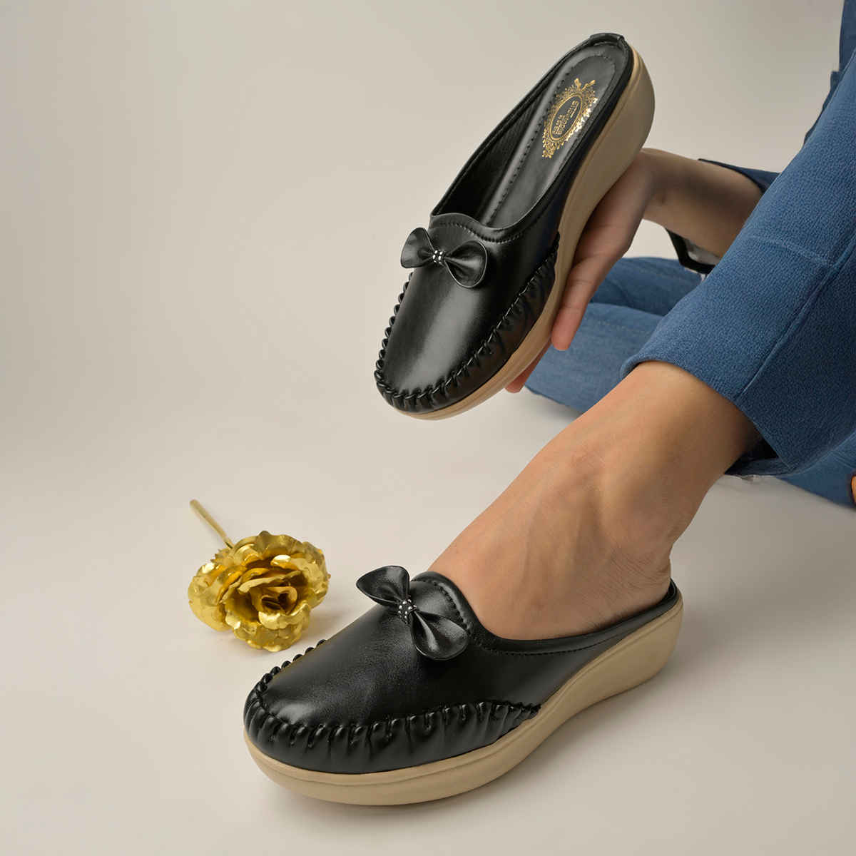 Shoetopia Upper Bow Detailed Black Slip-On Loafers For Women | UK 9