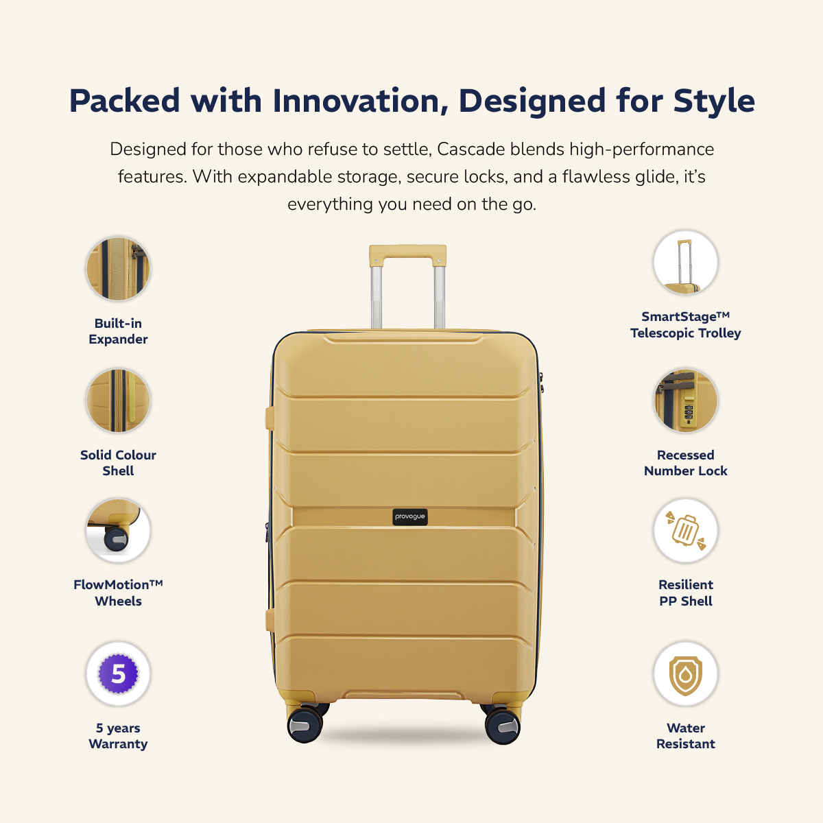 Provogue Cascade Hard-Sided PP Large Size Check-in Luggage Trolley Bag | Golden Yellow - 75 cm