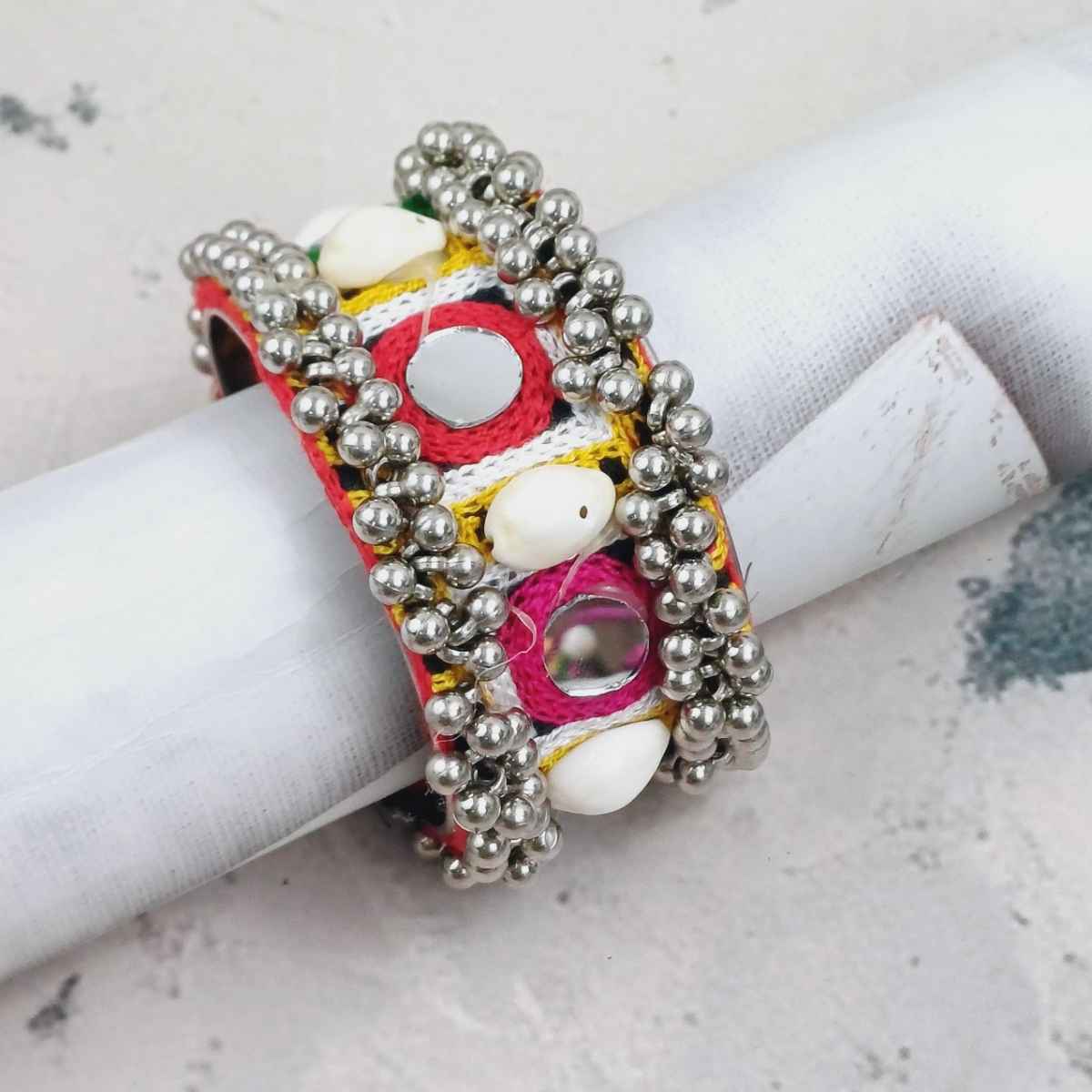 The Opal Factory Thread work Multicolour Flexible Bangle | Mirror and Cowrie work | Ghungroo | Free Size