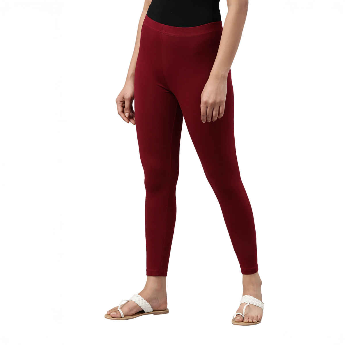 Go Colors Women's Solid Mid Rise Ankle Length Leggings | Maroon - 2XL