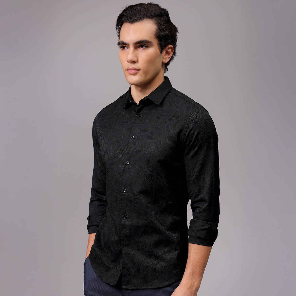 The Indian Garage Co Men's Slim Fit Textured Casual | Black | S