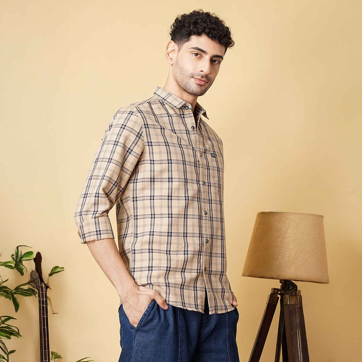 The Indian Garage Co Men's Slim Fit Checked Casual Shirt | Beige - S