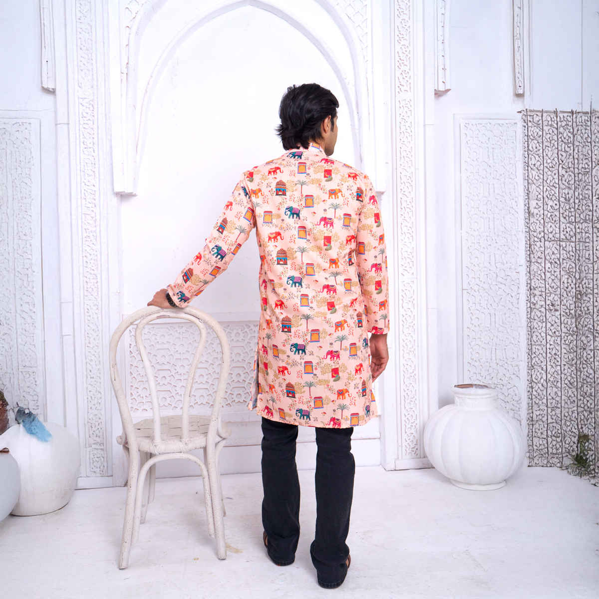 House Of Festivals Men's Printed Cotton Blend Ethnic Design Long Kurta | Multicolor - S