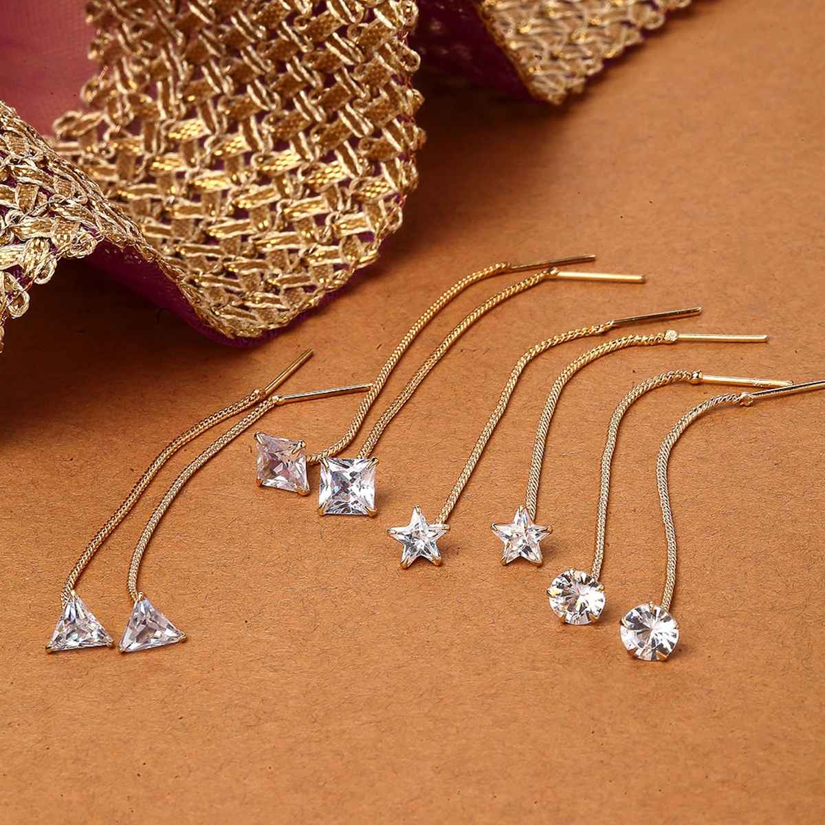 Zeneme Gold Plated Red Teardrop Shaped 4 Pair Studs Earrings For Women & Girls