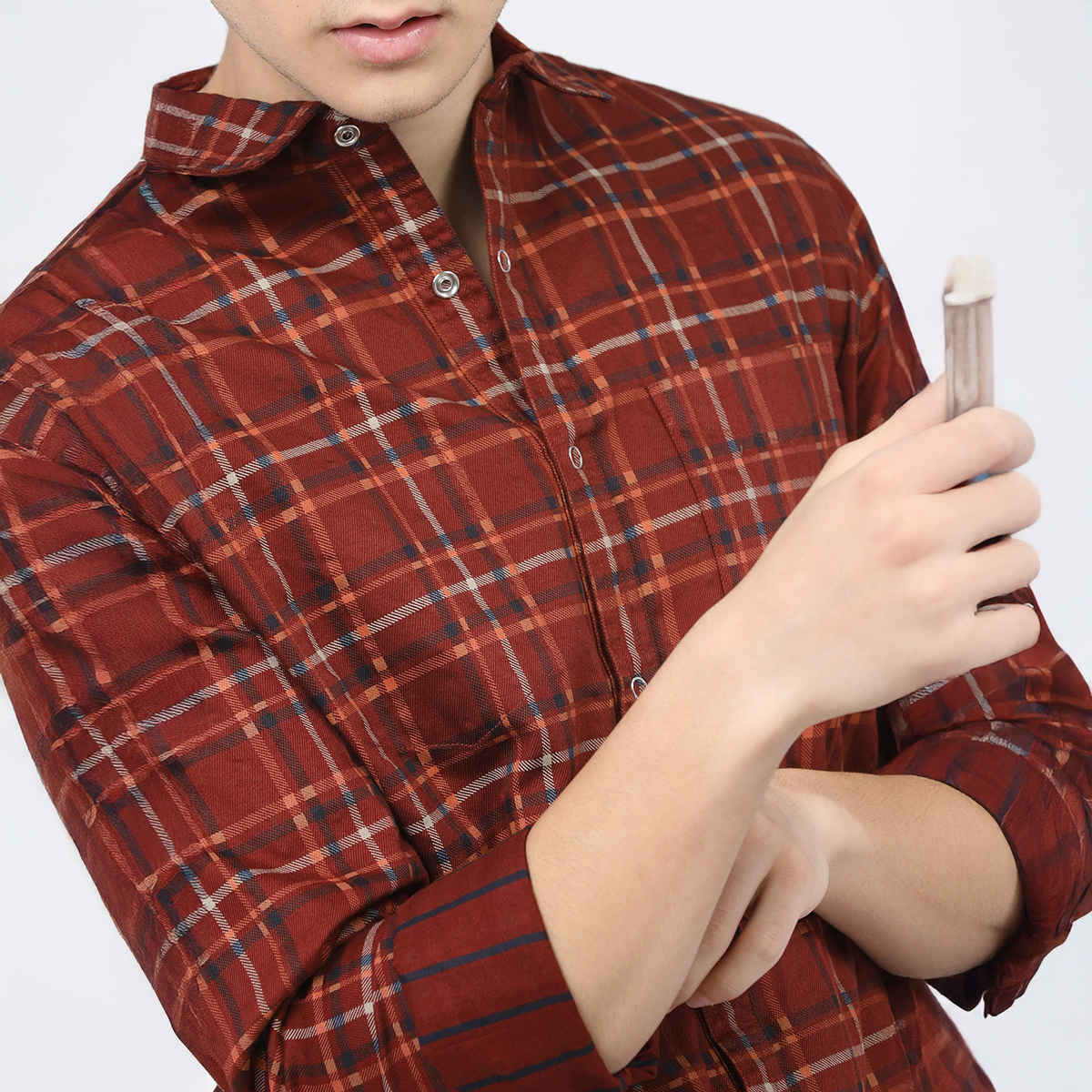 HIGHLANDER Men's Slim Fit Tartan Checked Reversible Casual Shirt | Rust & Navy Blue - M