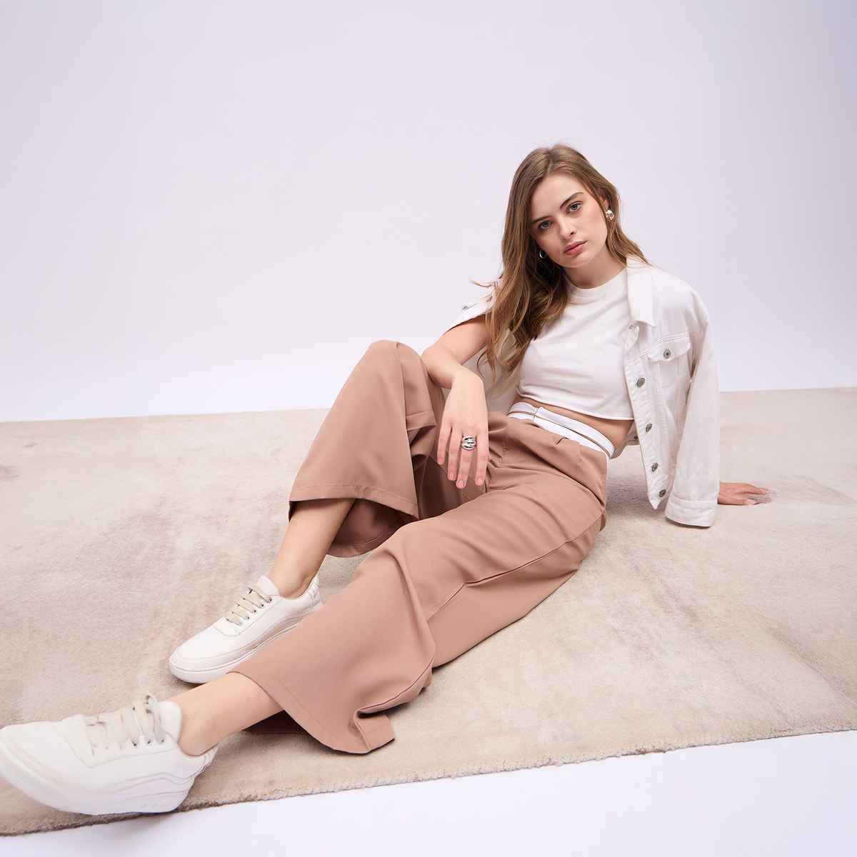 Styli Women's Solid Wide Leg Pant with Cut & Sew Constructive Waistband | Beige - M