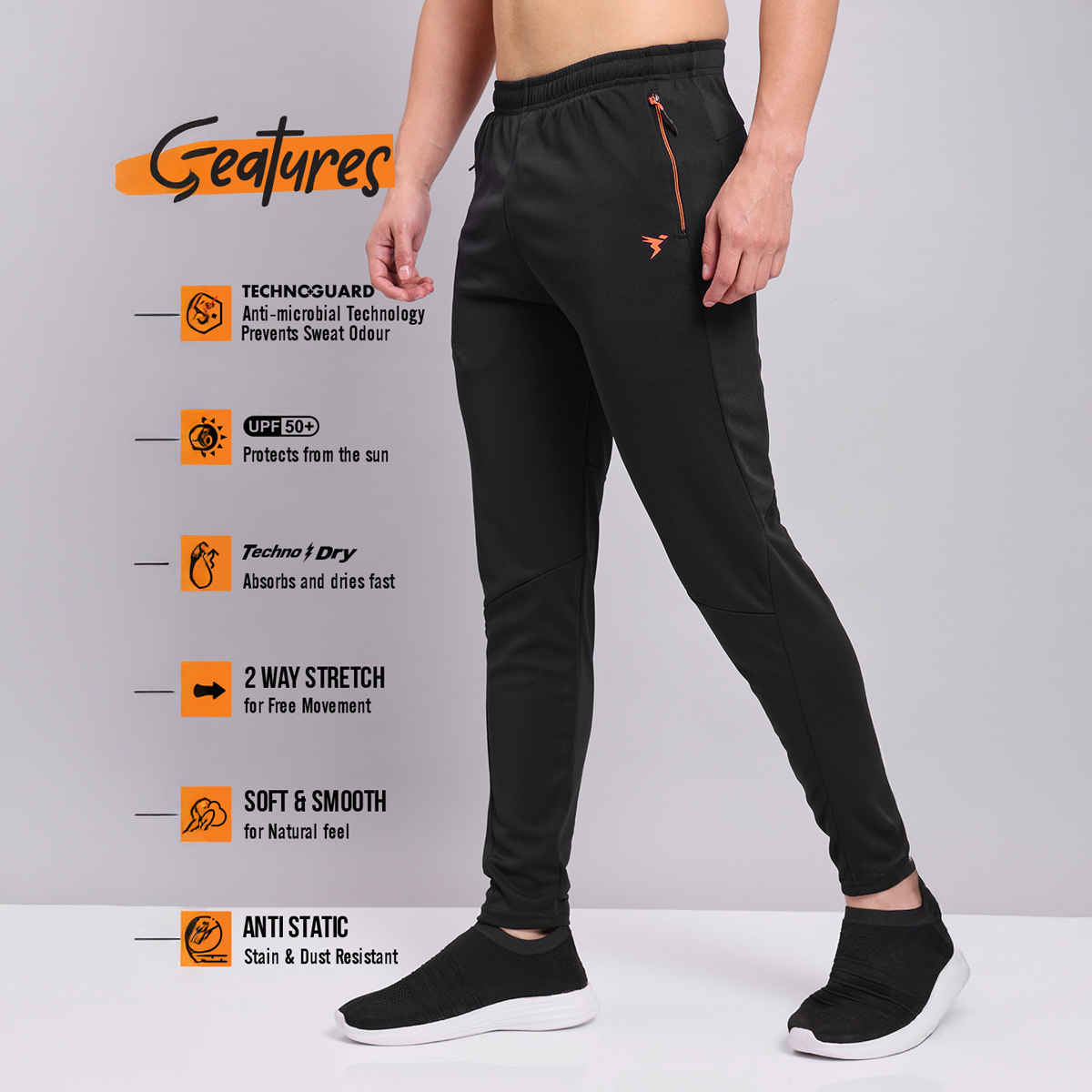 Technosport Men Poly Solid Slim Fit Sports Trackpants with TECHNO DRY | Black | L