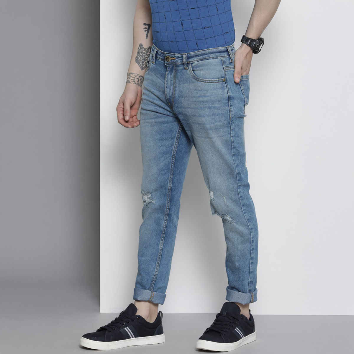 The Indian Garage Co Men's Solid Casual Jeans | G-101| Blue - 32