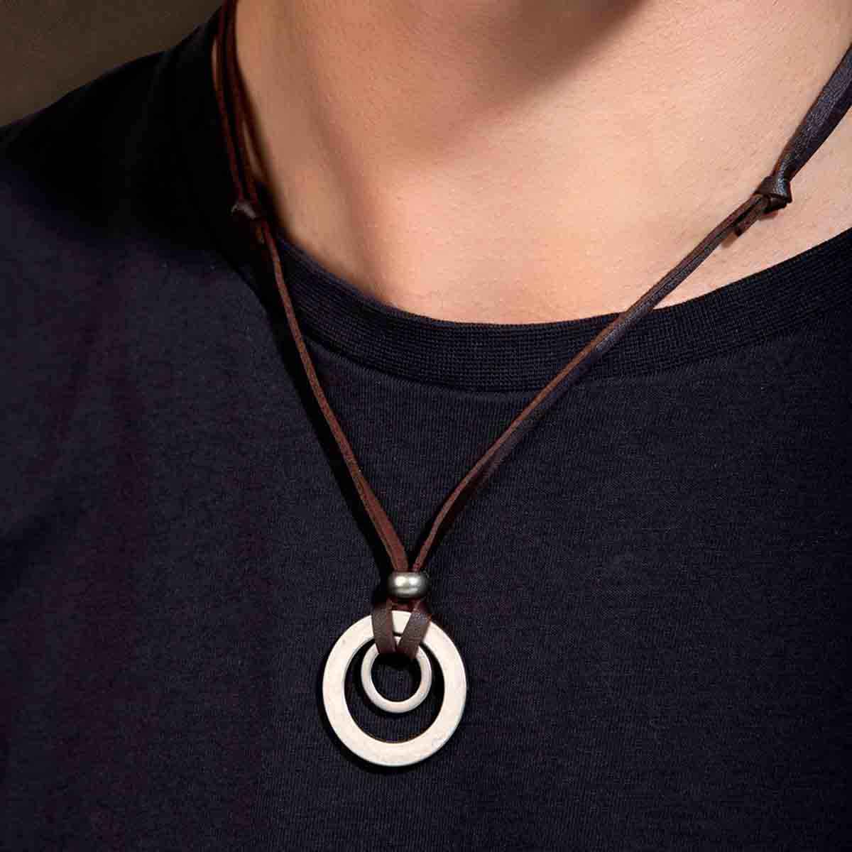 Peora Mens Womens Double Ring Pendant Adjustable Leather Cord Necklace Chain, Brown Silver