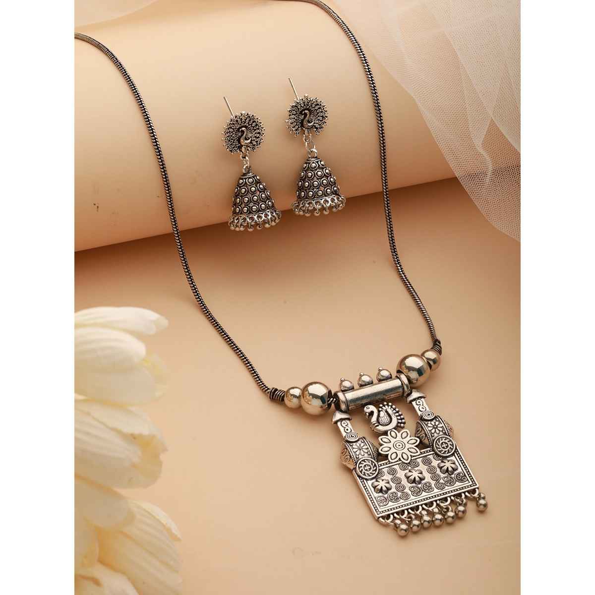 Aatmana Silver-Plated Peacock Shaped Oxidized Jewellery Set