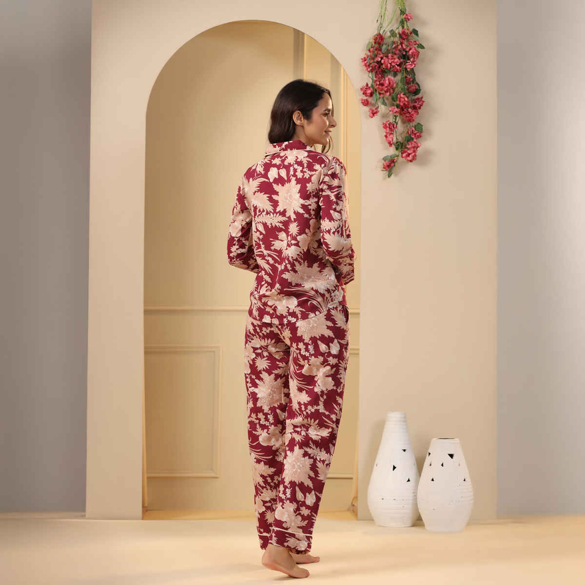 Sanskrutihomes Maroon & Beige Floral Printed Pure Cotton Night Suit | Maroon - M