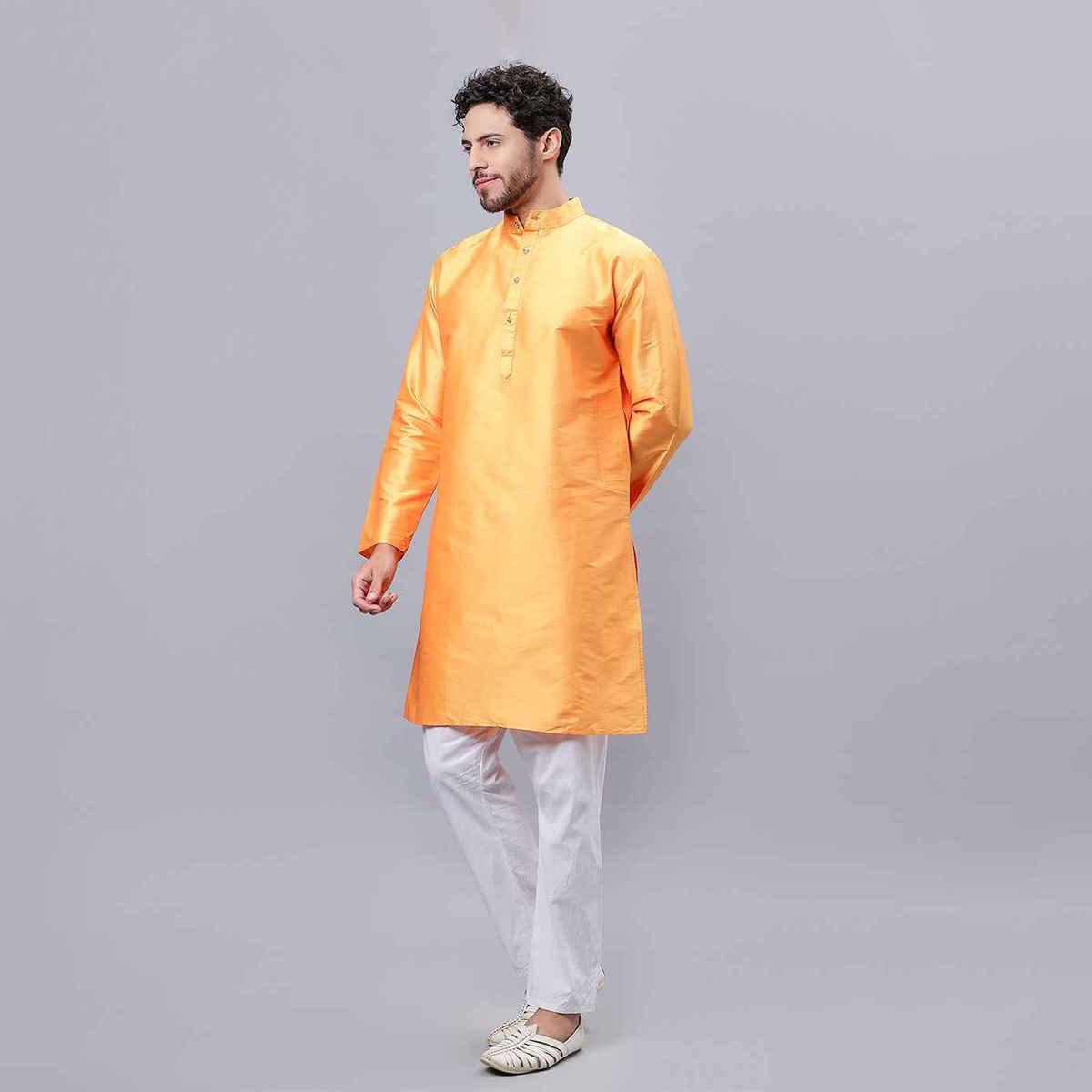 Mad Over Print Yellow Blended Silk Kurta Men - L