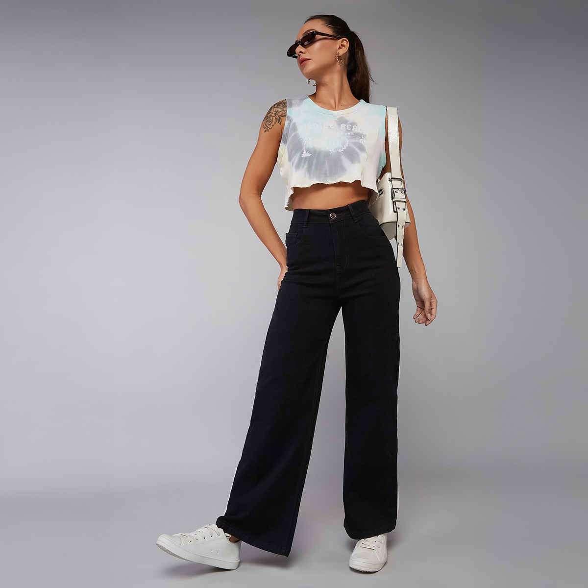 Miss Chase Women Wide Leg High Rise Clean Look Regular-Length Stretchable Denim Jeans | Black | 28