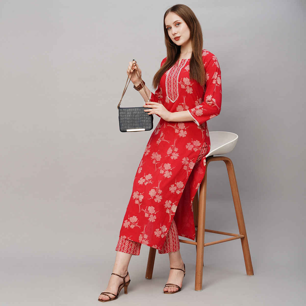 GoSriKi Women's Viscose Rayon Straight Printed Kurta with Pant | Red - L