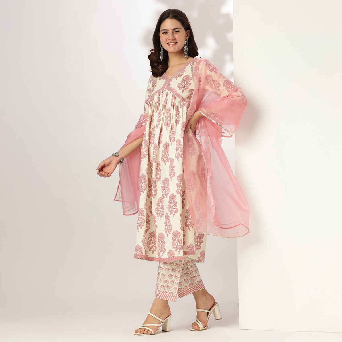 Janasya Women's Pure Cotton Floral Printed A-line Kurta Set | Cream & Pink - XL