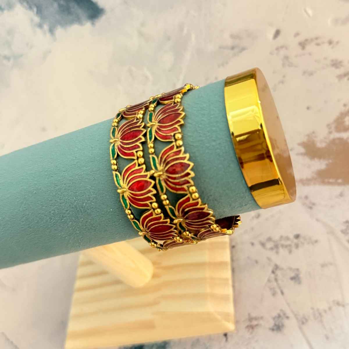 The Opal Factory Metal Bangles with Pink and Golden Lotus Flower Design | Pink and Gold - Size 2.6
