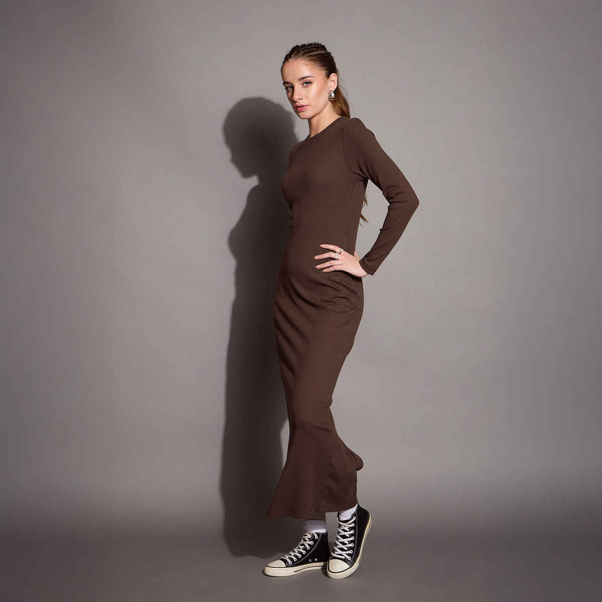 SASSAFRAS BASICS Women's Ribbed Bodycon Maxi Dress | Brown - L
