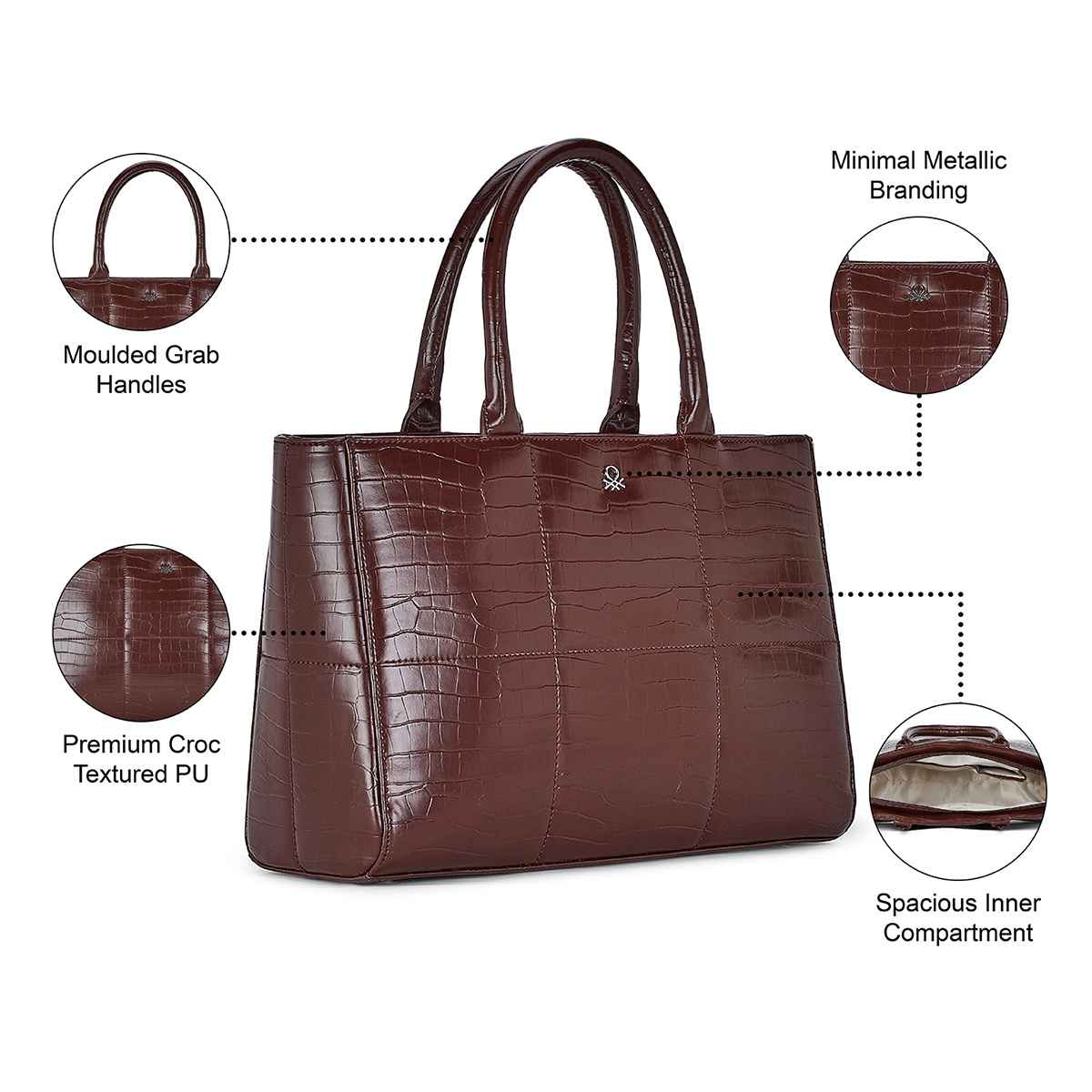 United Colors Of Benetton Women's Textured PU 11.5 L Double Handle Tote Bag | Brown - Standard