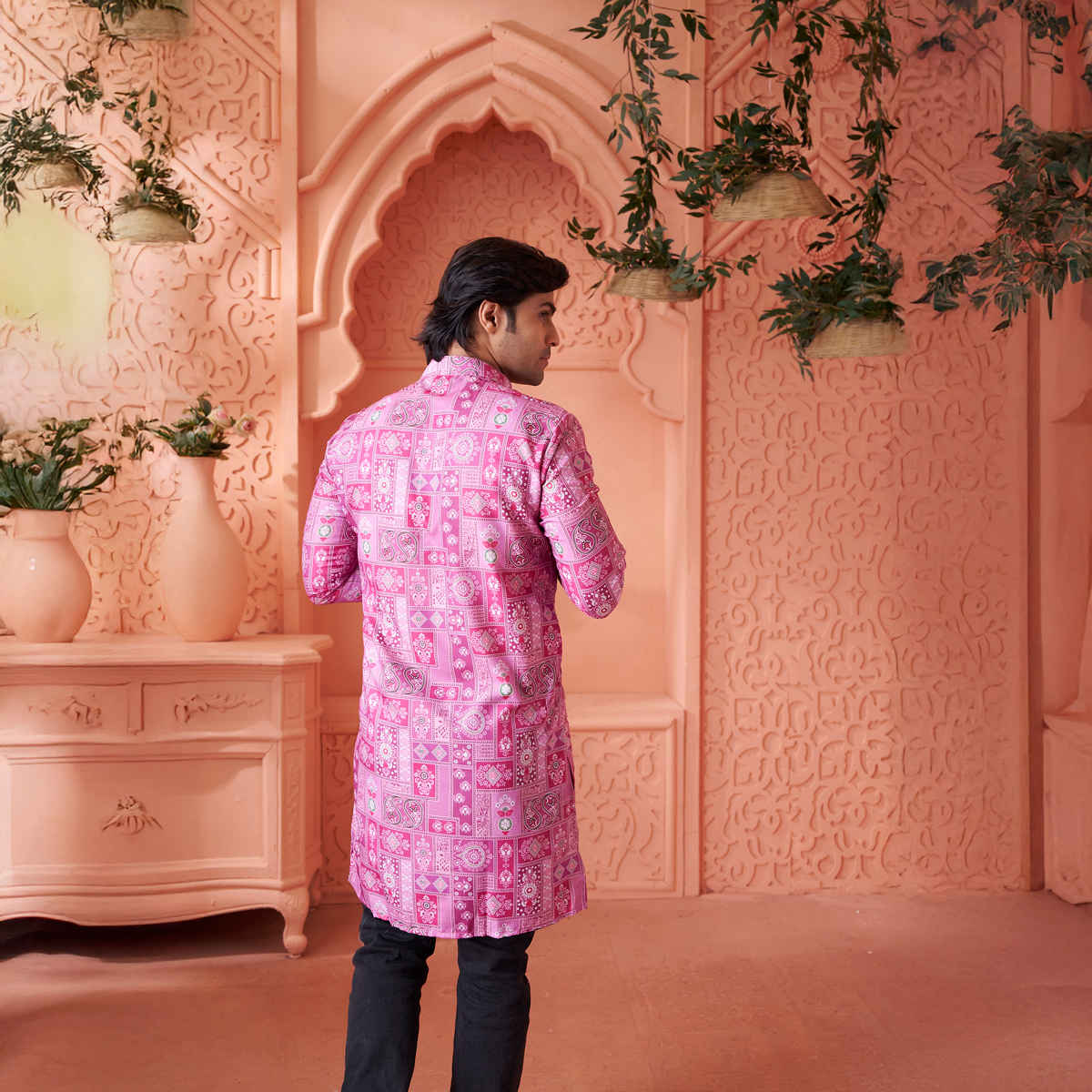 House Of Festivals Men's Printed Cotton Blend Long Kurta | Purple - XL