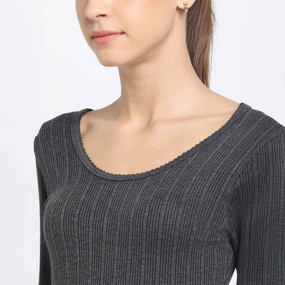 Dixcy Scott Slimz Women's Round Neck 3/4Th Regular Fit Thermal Top | Charcoal Melange - M